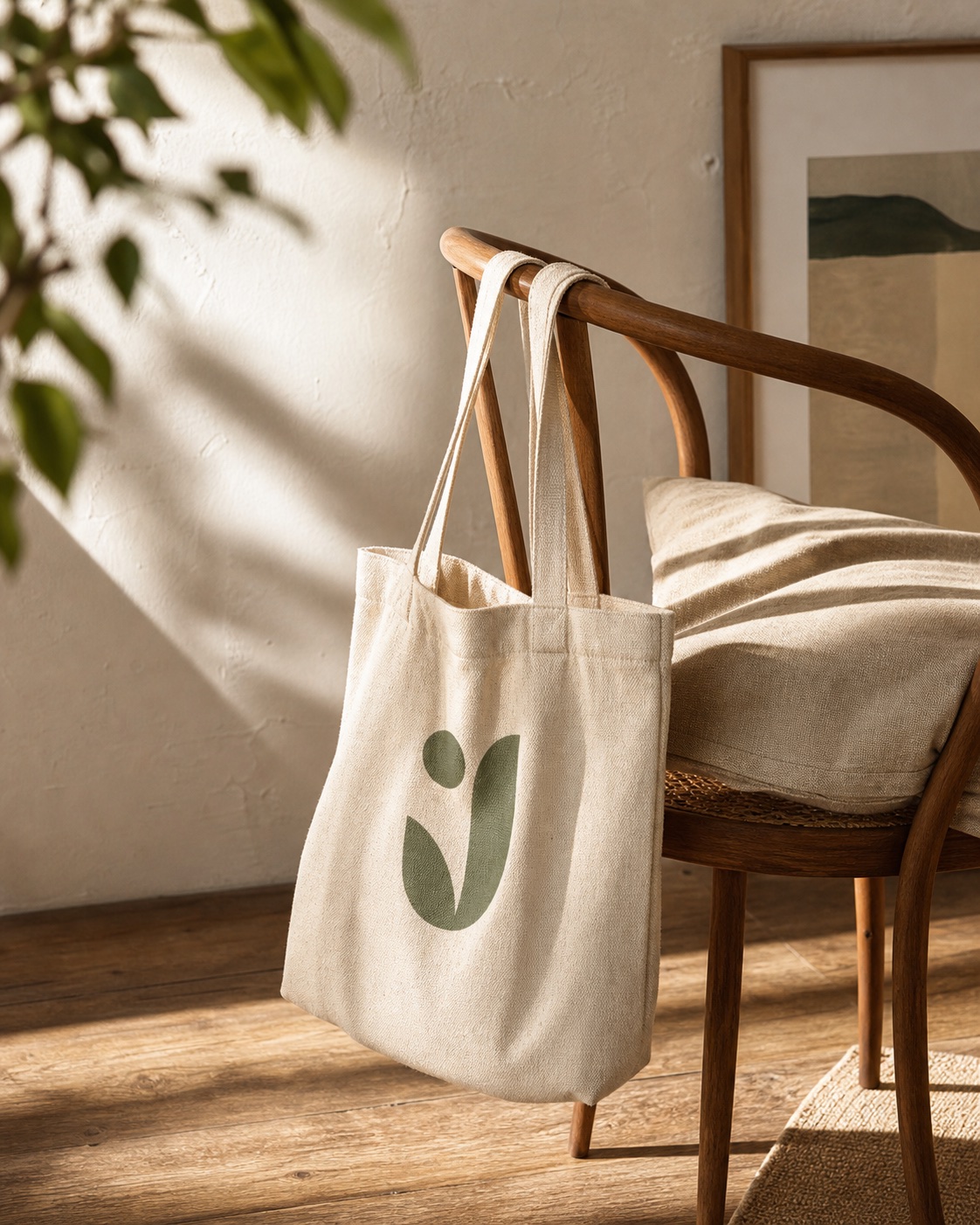 Canvas tote merch photographed in a curated real-life setting