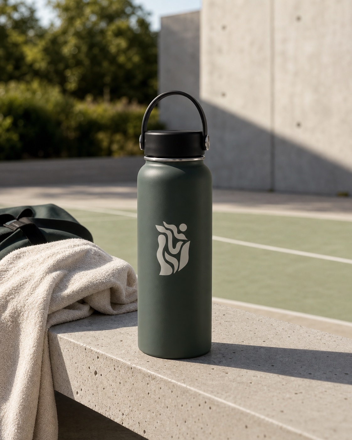 Court bottle merch photographed in a curated real-life setting