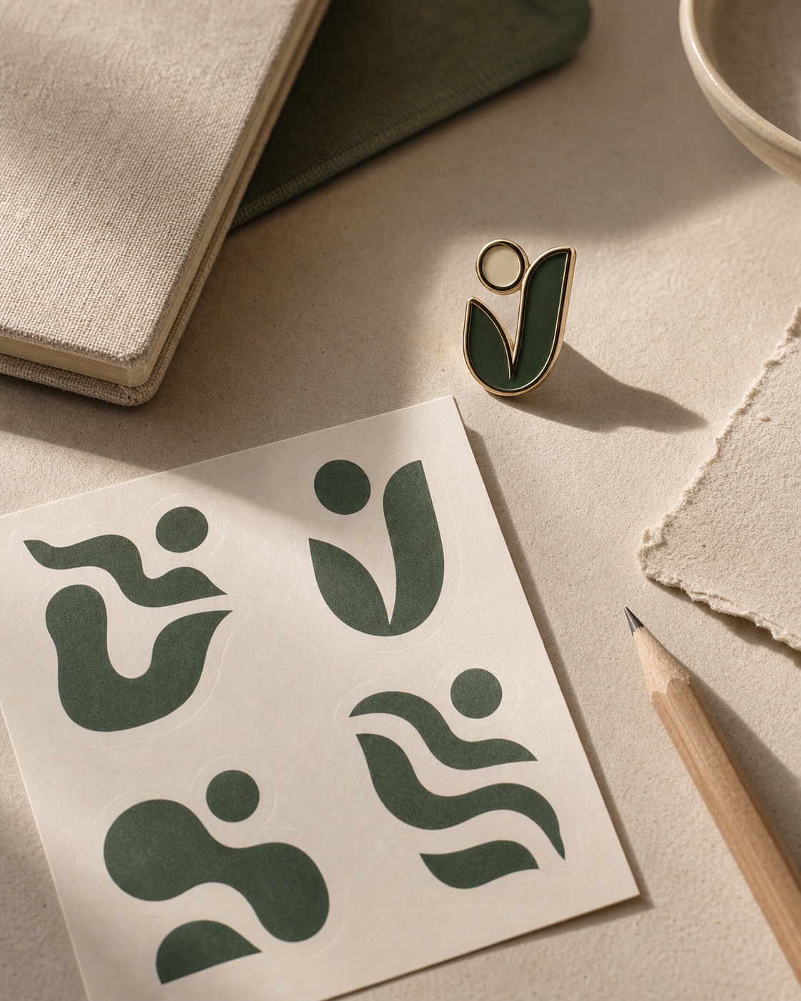 Pin sheet merch photographed in a curated real-life setting