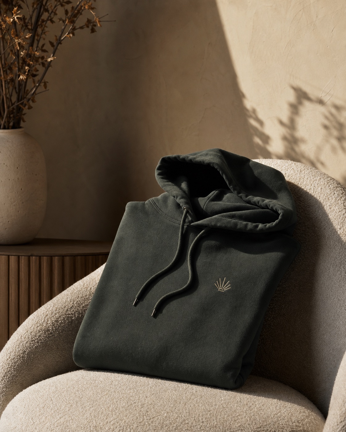 Quiet hoodie merch photographed in a curated real-life setting
